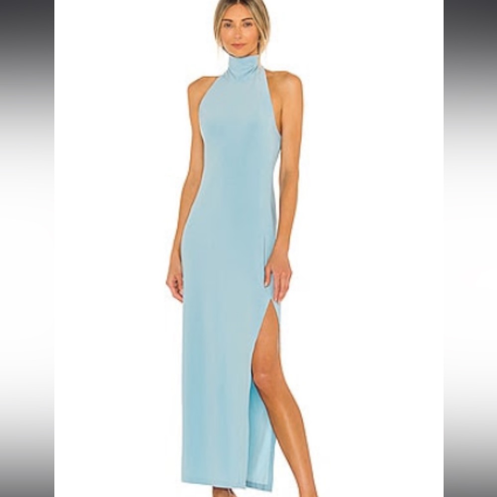 Norma Kamali HALTER TURTLE SIDE SLIT GOWN IN POWDER BLUE size large